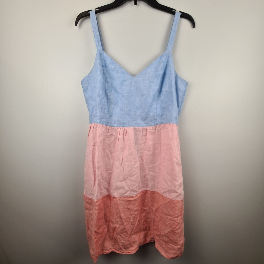 Cynthia Rowley Women 100% Linen Colorblock Tiered Mini Dress Blue Pink Coral M
